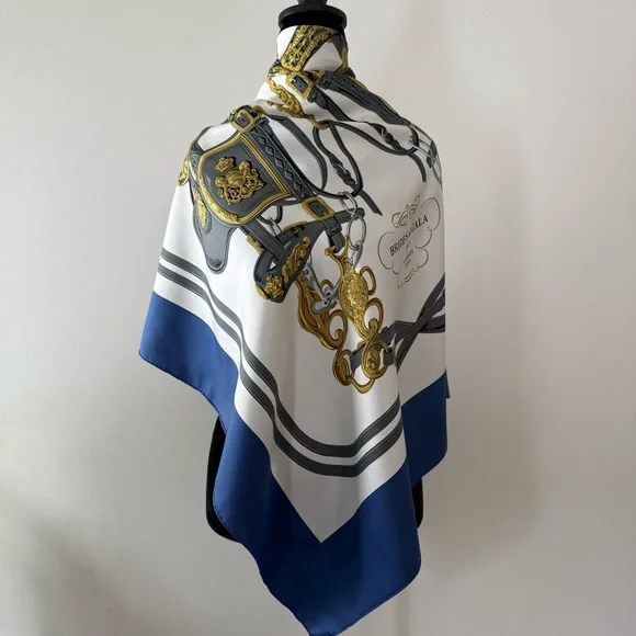 Hermès Brides de Gala Silk Scarf in Royal Blue White & Gold - Picture 5 of 14